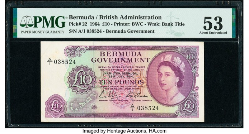 Bermuda Bermuda Government 10 Pounds 28.7.1964 Pick 22 PMG About Uncirculated 53...