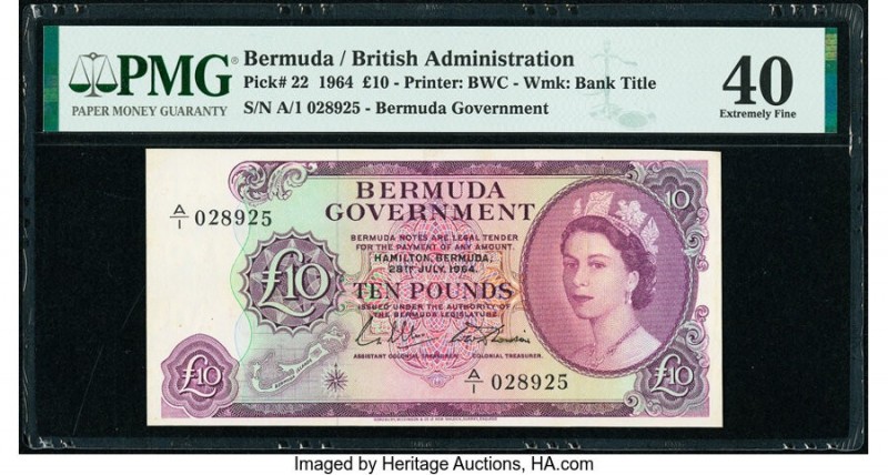 Bermuda Bermuda Government 10 Pounds 28.7.1964 Pick 22 PMG Extremely Fine 40. Is...