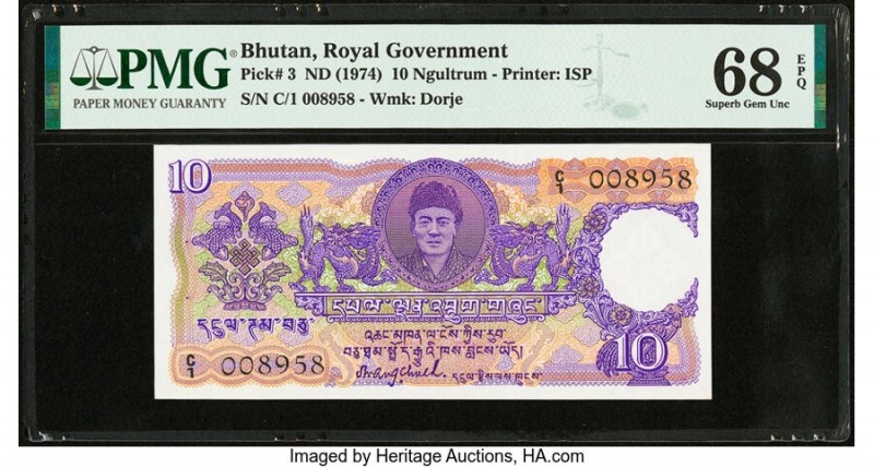 Bhutan Royal Government 10 Ngultrum ND (1974) Pick 3 PMG Superb Gem Unc 68 EPQ. ...
