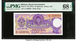 Bhutan Royal Government 10 Ngultrum ND (1974) Pick 3 PMG Superb Gem Unc 68 EPQ. At the time of cataloging, this is the single finest graded 10 Ngultru...