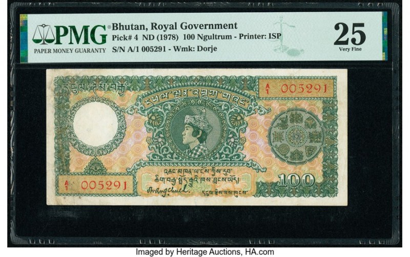 Bhutan Royal Government 100 Ngultrum ND (1978) Pick 4 PMG Very Fine 25. All deno...