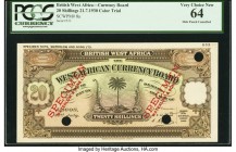 British West Africa West African Currency Board 20 Shillings 21.7.1930 Pick 8a Color Trial Specimen PCGS Currency Very Choice New 64. A handsome unifa...