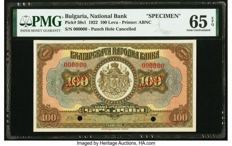 Bulgaria Bulgaria National Bank 100 Leva 1922 Pick 38s1 Specimen PMG Gem Uncircu...