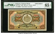 Bulgaria Bulgaria National Bank 100 Leva 1922 Pick 38s1 Specimen PMG Gem Uncirculated 65 EPQ. The 1922 issue was designed in Bulgaria, but was printed...