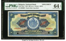 Bulgaria Bulgaria National Bank 500 Leva 1922 Pick 39s1 Specimen PMG Choice Uncirculated 64 EPQ. Splendid color schemes are seen atop totally original...