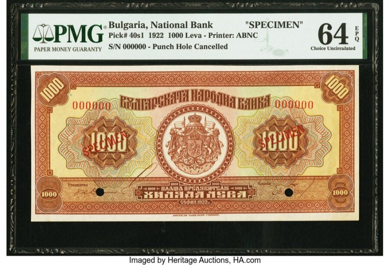 Bulgaria Bulgaria National Bank 1000 Leva 1922 Pick 40s1 Specimen PMG Choice Unc...