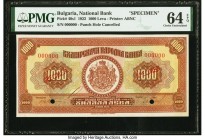 Bulgaria Bulgaria National Bank 1000 Leva 1922 Pick 40s1 Specimen PMG Choice Uncirculated 64 EPQ. An amazing, highest denomination example from the 19...