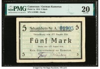 Cameroon Kaiserliches Gouvernement 5 Mark 12.8.1914 Pick 1a PMG Very Fine 20. German colonial banknotes are scarce, as their empire ended at the concl...