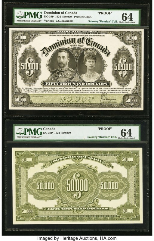 Canada Dominion of Canada $50,000 2.1.1924 Pick 34Cp DC-39P Front and Back Proof...