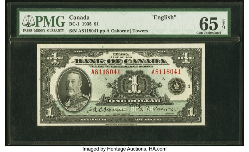 Canada Bank of Canada $1 1935 Pick 38 BC-1 English PMG Gem Uncirculated 65 EPQ. ...