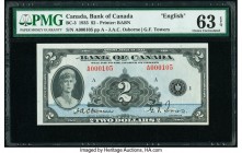 Canada Bank of Canada $2 1935 Pick 40 BC-3 PMG Choice Uncirculated 63 EPQ. This handsome original note is from the second pack issued. Fully Uncircula...