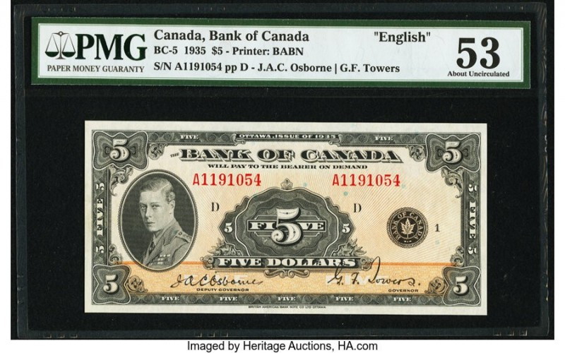Canada Bank of Canada $5 1935 Pick 42 BC-5 PMG About Uncirculated 53. Featuring ...