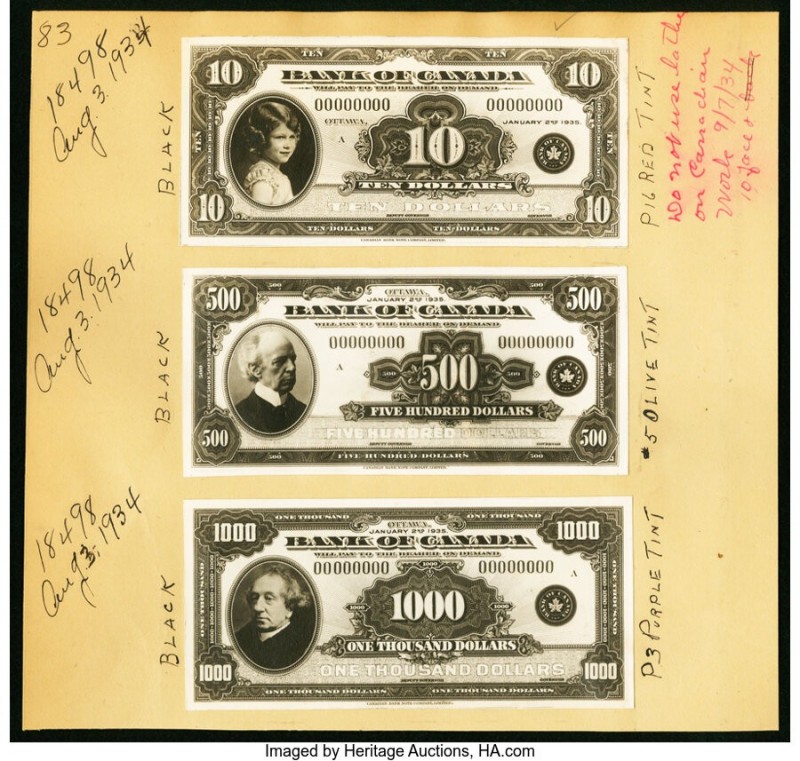 Canada Bank of Canada $10; $500; $1000 2.1.1935; ND; ND BC-7; BC-17; BC-19 Matte...