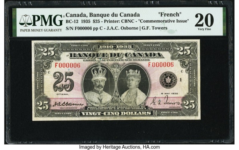 Serial Number 6 Canada Bank of Canada $25 6.5.1935 Pick 49 BC-12 Commemorative I...