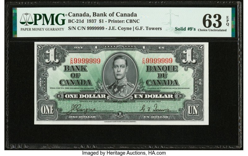 Canada Bank of Canada $1 2.1.1937 Pick 58d BC-21d Solid 9s Serial Number PMG Cho...