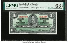 Canada Bank of Canada $1 2.1.1937 Pick 58d BC-21d Solid 9s Serial Number PMG Choice Uncirculated 63 EPQ. Solid nine serial numbers are an incredible f...