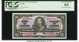 Canada Bank of Canada $10 2.1.1937 Pick 61s BC-24S Specimen PCGS Currency Very Choice New 64. A W/D prefix Specimen printed by the BABNCo., this piece...