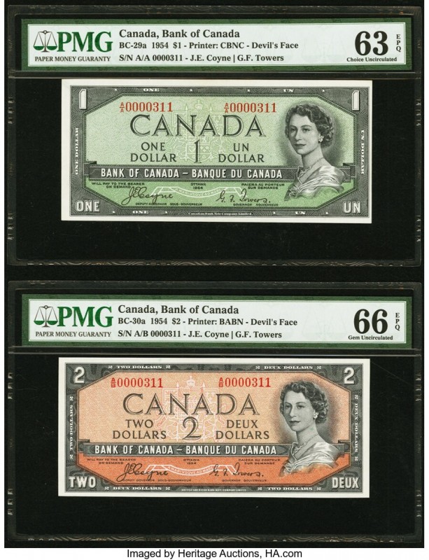 Canada Bank of Canada $1; $2 1954 BC-29a; BC-30a Two "Devil's Face" Examples PMG...