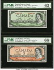 Canada Bank of Canada $1; $2 1954 BC-29a; BC-30a Two "Devil's Face" Examples PMG Choice Uncirculated 63 EPQ; Gem Uncirculated 66 EPQ. A highly desirab...