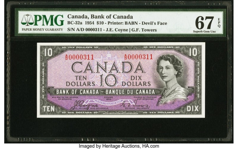 Canada Bank of Canada $10 1954 BC-32a "Devil's Face" PMG Superb Gem Unc 67 EPQ. ...