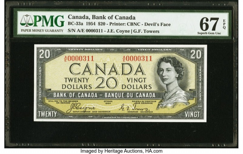 Canada Bank of Canada $20 1954 BC-33a "Devil's Face" PMG Superb Gem Unc 67 EPQ. ...
