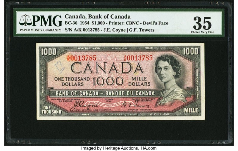 Canada Bank of Canada $1000 1954 Pick 73 BC-36 "Devil's Face" PMG Choice Very Fi...