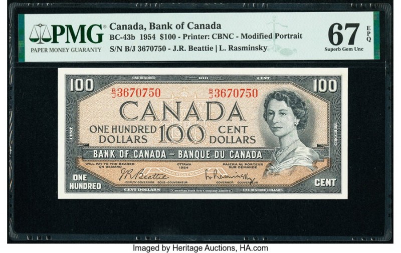 Canada Bank of Canada $100 1954 Pick 82b BC-43b PMG Superb Gem Unc 67 EPQ. Altho...