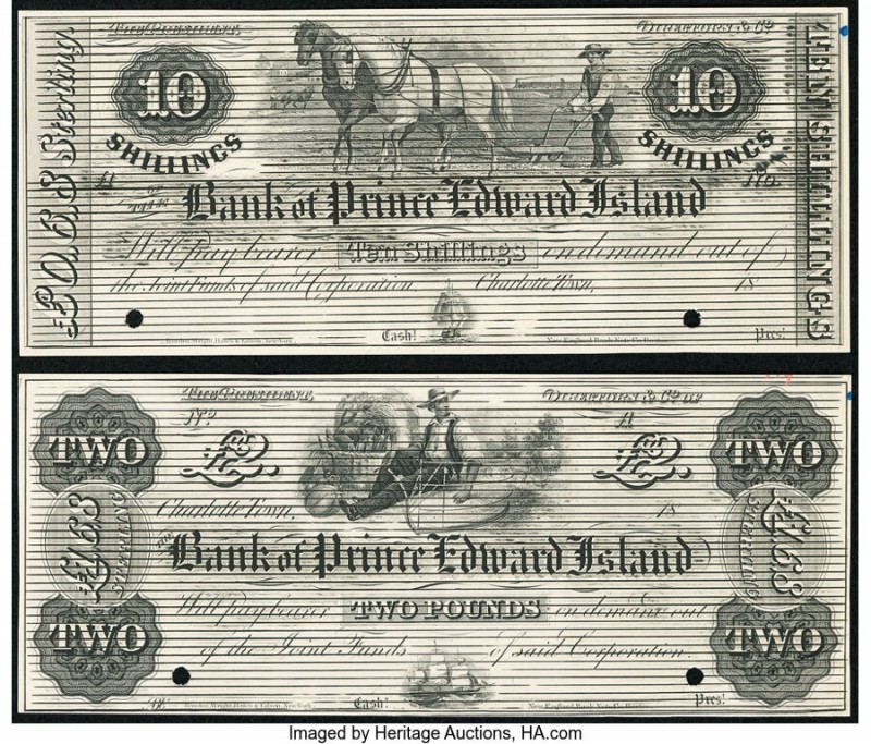 Canada Charlotte Town, PEI- Bank of Prince Edward Island 10 Shillings; 2 Pounds ...