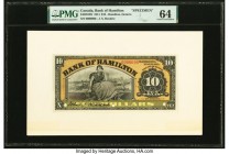 Canada Hamilton, ON- Bank of Hamilton $10 1.6.1914 Pick S462b Ch.# 345-20-10S; 345-20-10P2 Specimen and Back Proof PMG Choice Uncirculated 64; Superb ...