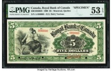 Canada Montreal, PQ- Royal Bank of Canada $5 2.1.1909 Pick S1371s Ch.# 630-10-04-06S Specimen PMG About Uncirculated 53 EPQ. Beautiful color schemes a...