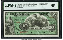 Canada Toronto, ON- Dominion Bank $10 2.1.1888 Pick S1019s Ch.# 220-12-06S Specimen PMG Gem Uncirculated 65 EPQ. A simply beautiful $10 Specimen is of...