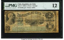 Chile Republica de Chile 2 Pesos 7.8.1880 Pick 2 PMG Fine 12. A scarce early issue, examples are seldom offered in any form. Santiago is clearly noted...
