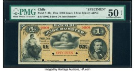 Chile Banco de Jose Bunster 1 Peso ND (1882-98) Pick S131s Specimen PMG About Uncirculated 50 Net. Fortune is depicted at left. Raphael's Angel is see...