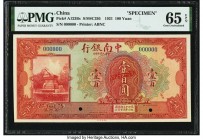 China China & South Sea Bank, Limited 100 Yuan 1.10.1921 Pick A123Bs Specimen PMG Gem Uncirculated 65 EPQ. An extremely scarce denomination in Specime...