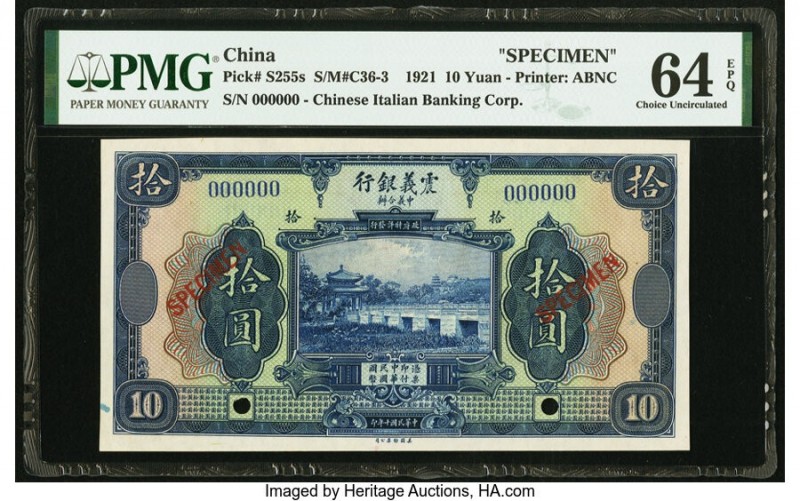 China Chinese Italian Banking Corporation 10 Yuan 1921 Pick S255s Specimen PMG C...