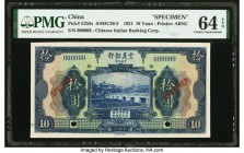 China Chinese Italian Banking Corporation 10 Yuan 1921 Pick S255s Specimen PMG Choice Uncirculated 64 EPQ. A gorgeous 10 Yuan Specimen from the Septem...