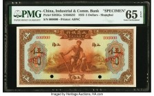 China Industrial & Commercial Bank Limited, Shanghai 5 Dollars 1923 Pick S383Gs Specimen PMG Gem Uncirculated 65 EPQ. A lovely Specimen from the seldo...