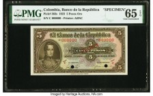 Colombia Banco de la Republica 5 Pesos Oro 20.7.1923 Pick 363s Specimen PMG Gem Uncirculated 65 EPQ. An elusive Specimen of the 1923 issue that was th...