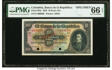 Colombia Banco de la Republica 10 Pesos Oro 20.7.1923 Pick 364s Specimen PMG Gem Uncirculated 66 EPQ. Antonio Narino is featured on this scarce Specim...