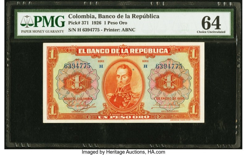 Colombia Banco de la Republica 1 Peso Oro 1.1.1926 Pick 371 PMG Choice Uncircula...