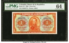 Colombia Banco de la Republica 1 Peso Oro 1.1.1926 Pick 371 PMG Choice Uncirculated 64. An elusive piece, this variety saw only the briefest period of...