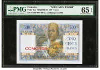 Comoros Banque de Madagascar et des Comores 500 Francs ND (1960-63) Pick 4sp Specimen Proof PMG Gem Uncirculated 65 EPQ. Amazing designs are seen on b...