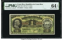 Costa Rica Republica de Costa Rica 1 Colon 5.6.1918 Pick 148 PMG Choice Uncirculated 64 EPQ. This outstanding "Silver Certificate" is in pack fresh, o...