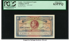 Cyprus Central Bank of Cyprus 5 Shillings 6.10.1947 Pick 22 PCGS Currency Choice New 63PPQ. Cypriot royal portrait notes are quite challenging to find...