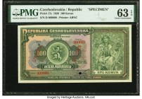 Czechoslovakia Republika Ceskoslovenska 100 Korun 14.1.1920 Pick 17s Specimen PMG Choice Uncirculated 63 EPQ. This simply beautiful Specimen created b...