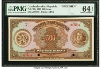 Czechoslovakia Republika Ceskoslovenska 500 Korun 6.10.1923 Pick 18s Specimen PMG Choice Uncirculated 64 EPQ. The 500 Korun is the key note of the 192...