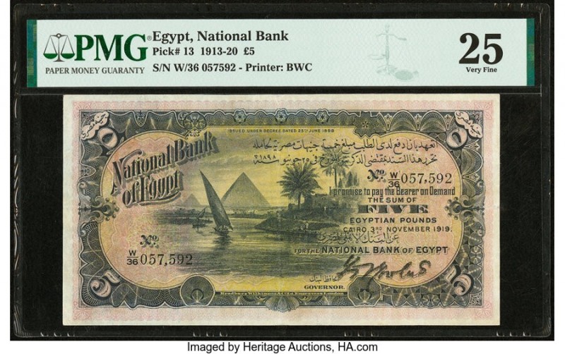 Egypt National Bank of Egypt 5 Pounds 3.11.1919 Pick 13 PMG Very Fine 25. Issued...