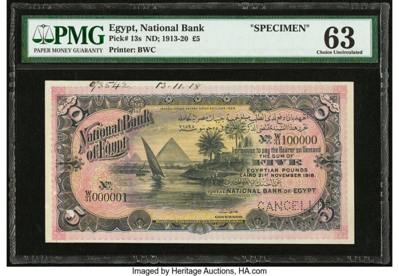 Egypt National Bank of Egypt 5 Pounds 21.11.1918 Pick 13s Specimen PMG Choice Un...
