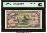 Egypt National Bank of Egypt 5 Pounds 21.11.1918 Pick 13s Specimen PMG Choice Uncirculated 63. Beautiful ink and colors are seen on this denomination....