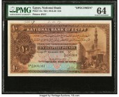 Egypt National Bank of Egypt 10 Pounds 13.11.1919 Pick 14s Specimen PMG Choice Uncirculated 64. Beautiful designs adorn both sides of this large forma...